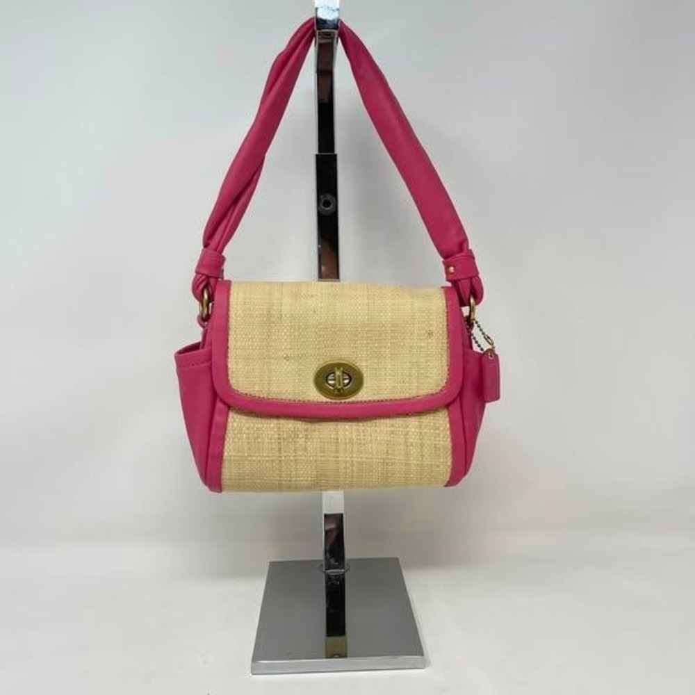 Coach Parker Pink Leather Trimmed Straw Handbag Purse Small Shoulder Bag 42475